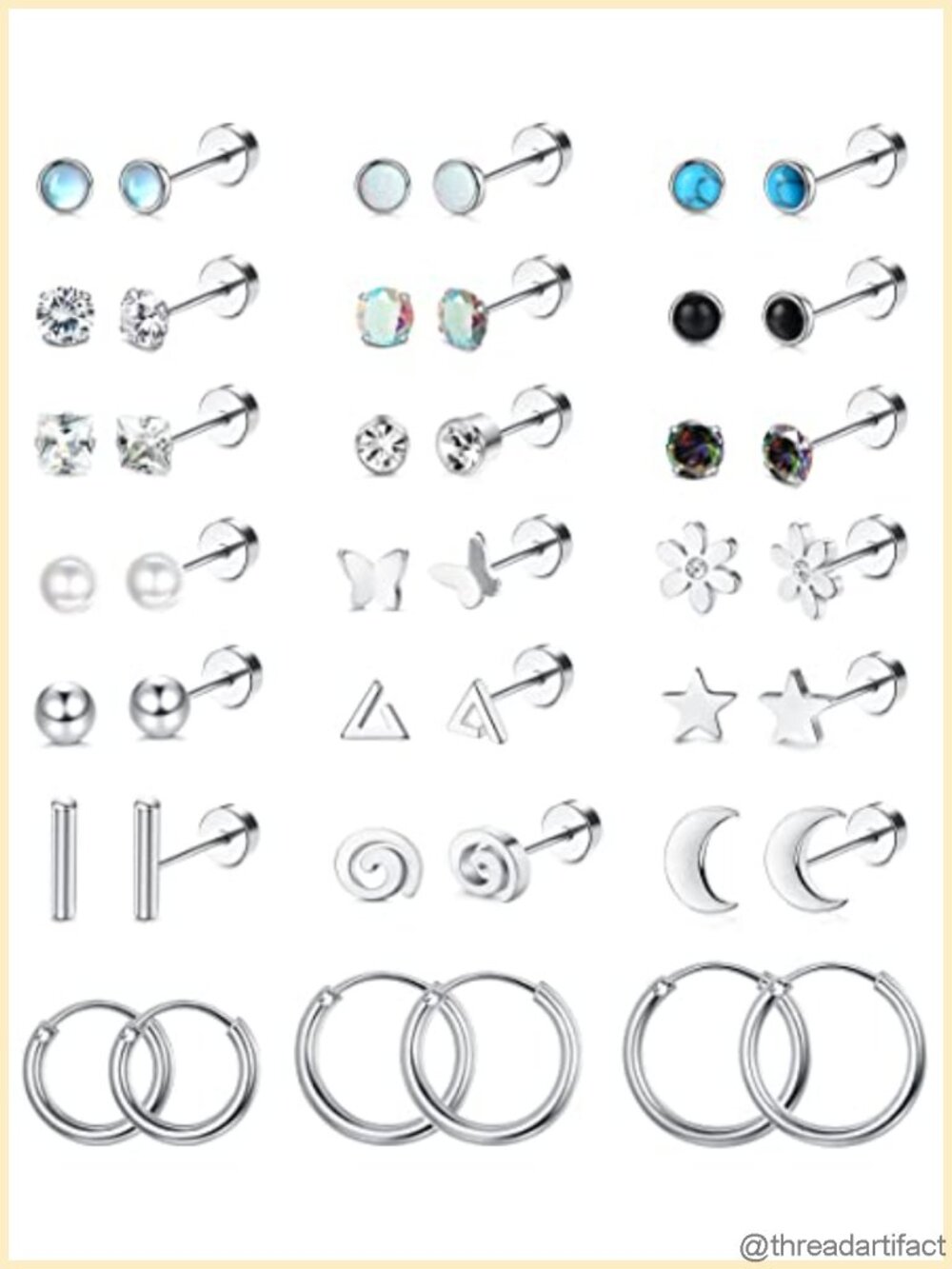 Stainless Steel Flat Back Stud & Hoop Earrings Set Hypoallergenic Screw Back